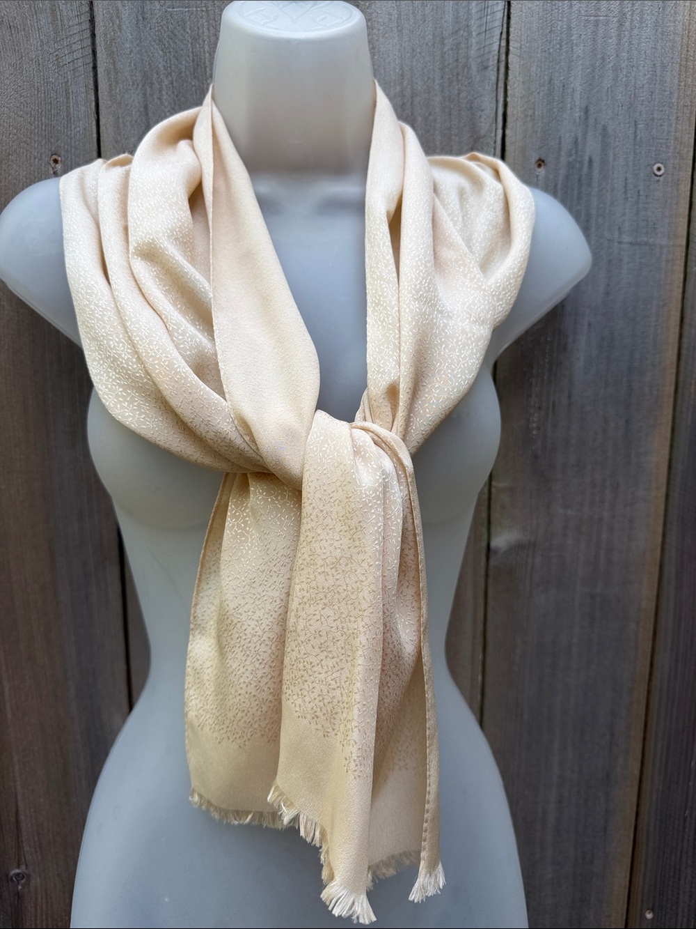 Vintage Cream Raw-Edge Fringed Silk feel  Jacquard Scarf / Wrap